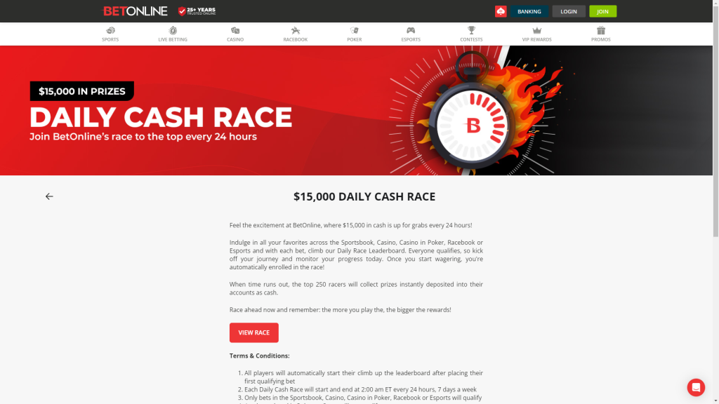 BetOnline's $15,000 Daily Cash Race