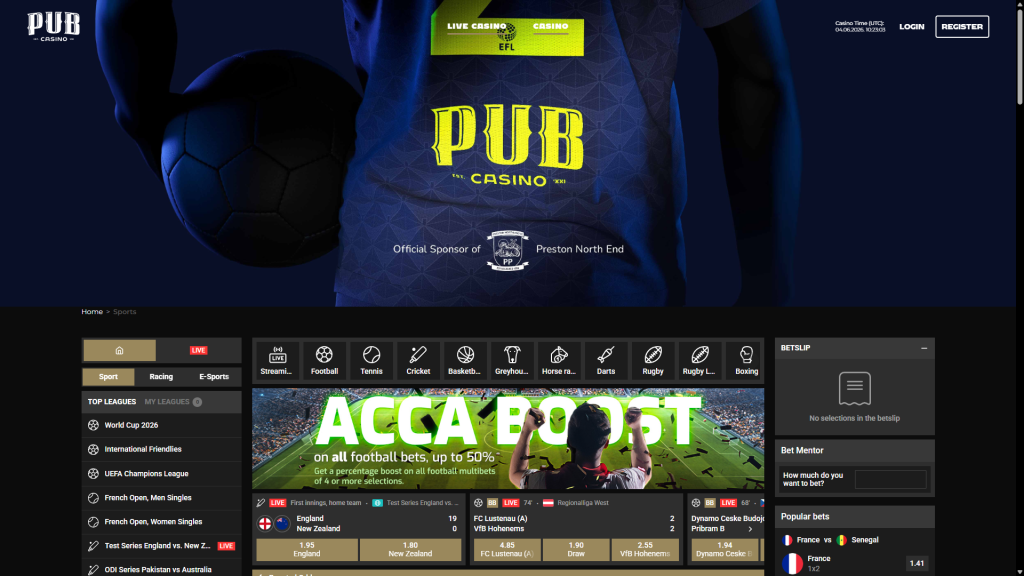 Pub Casino sportsbook page screenshot