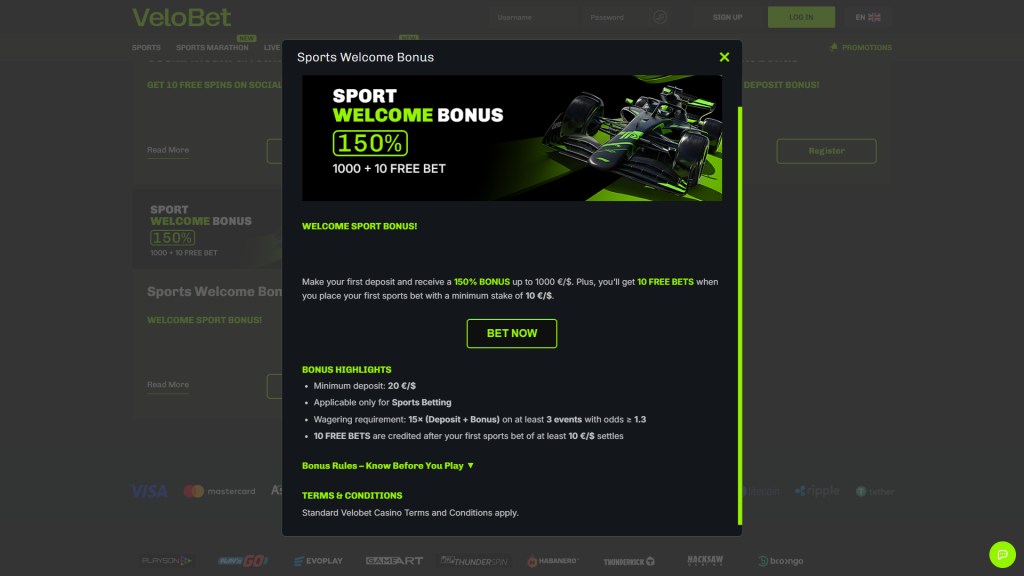 velobet sports welcome bonus screenshot