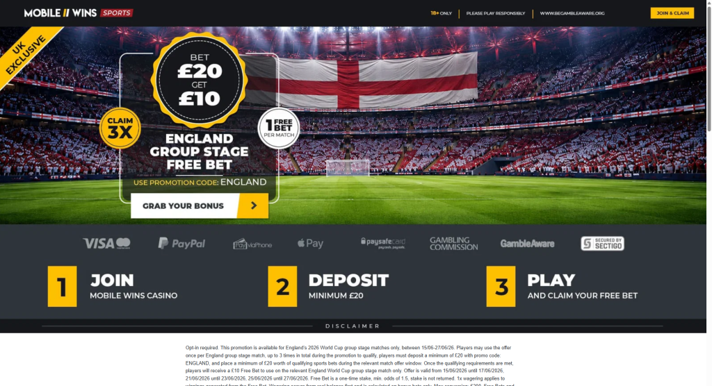 England World Cup £10 Free Bet Promotion