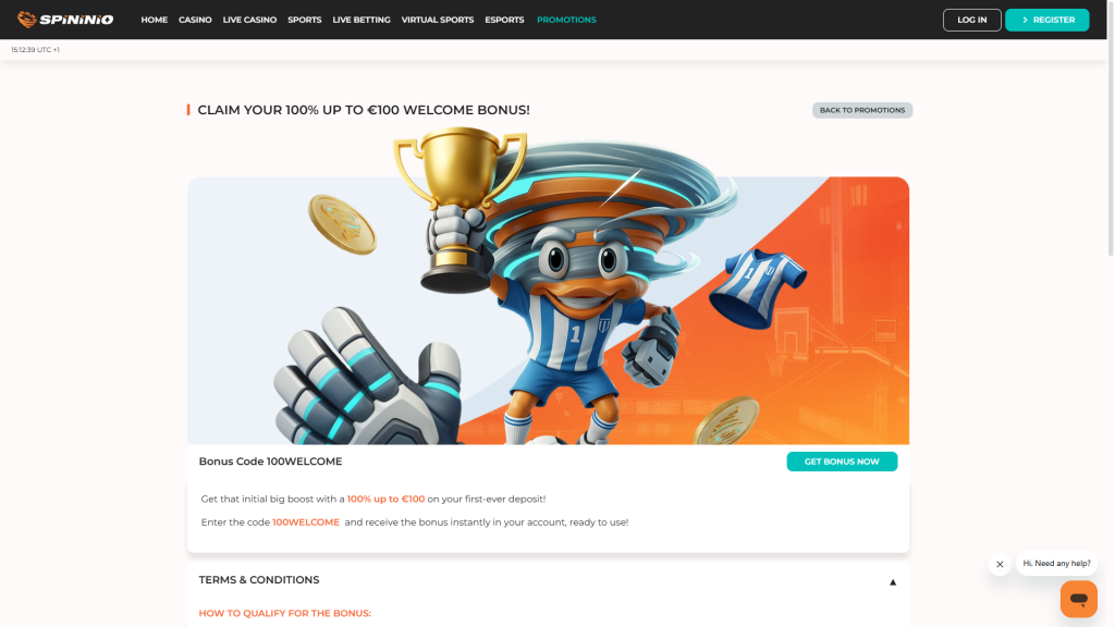 spininio sports welcome bonus screenshot