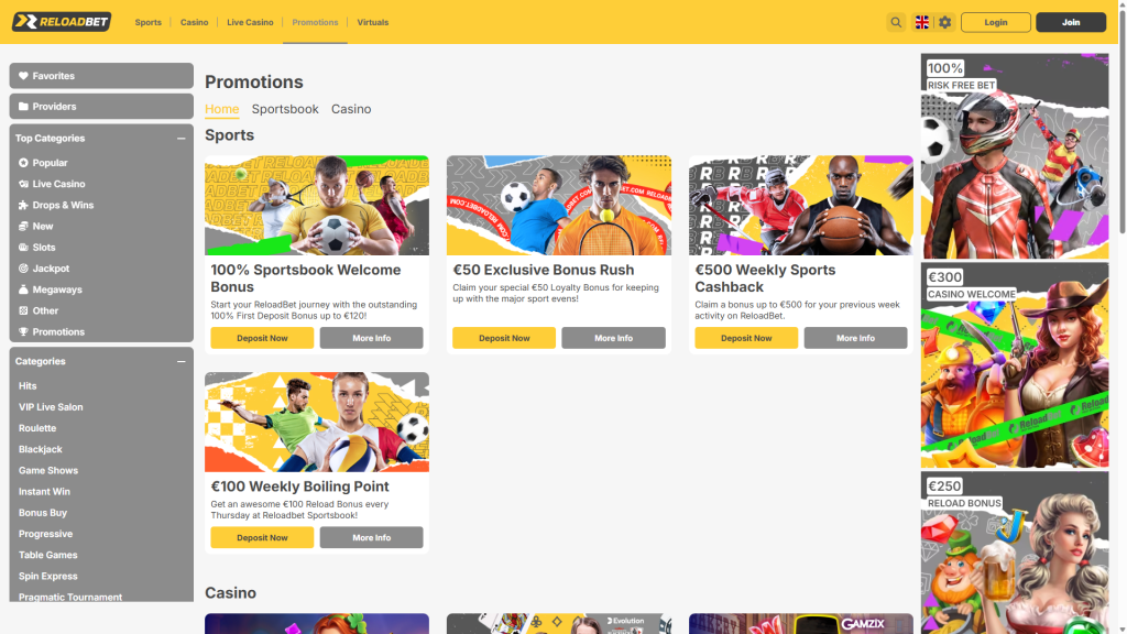 Reloadbet promotions screenshot