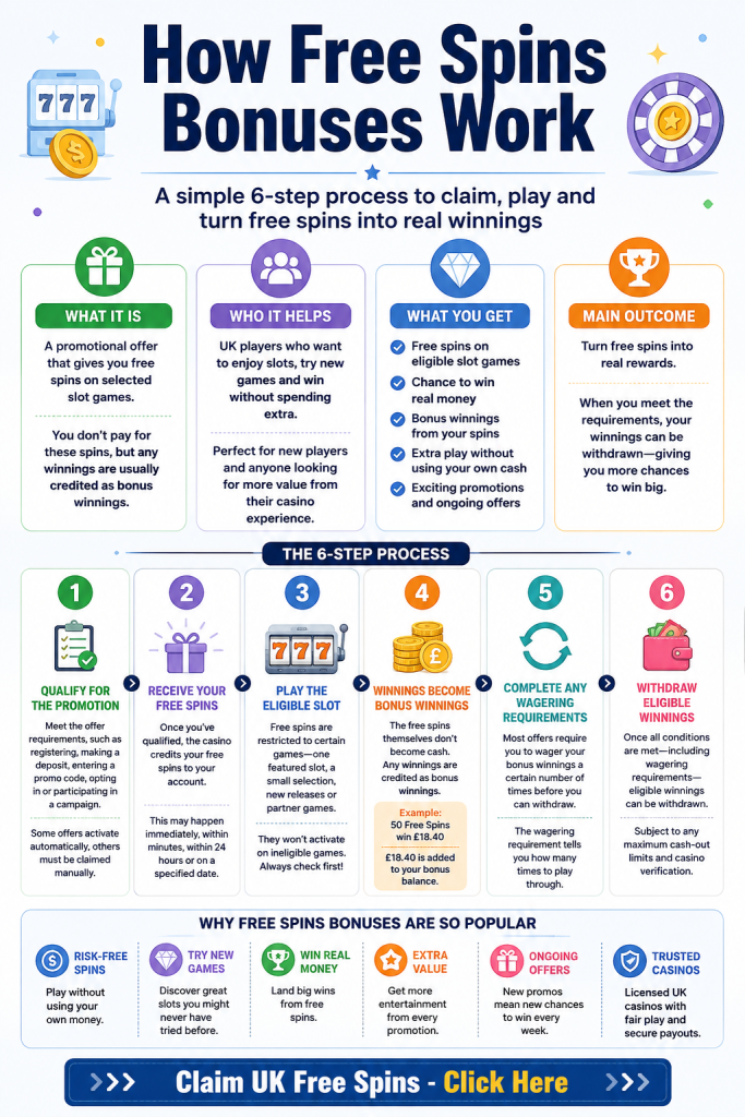How Free Spins Bonuses Work infographic with link