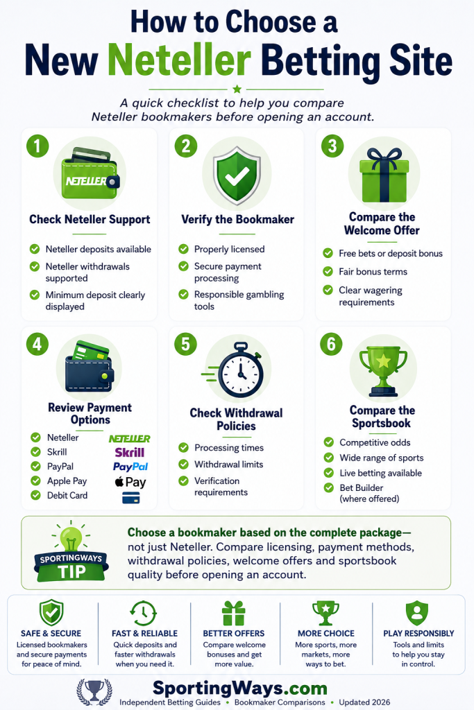 How to choose a new Neteller betting site by comparing licensing, payment methods, withdrawal policies, welcome offers and sportsbook features.