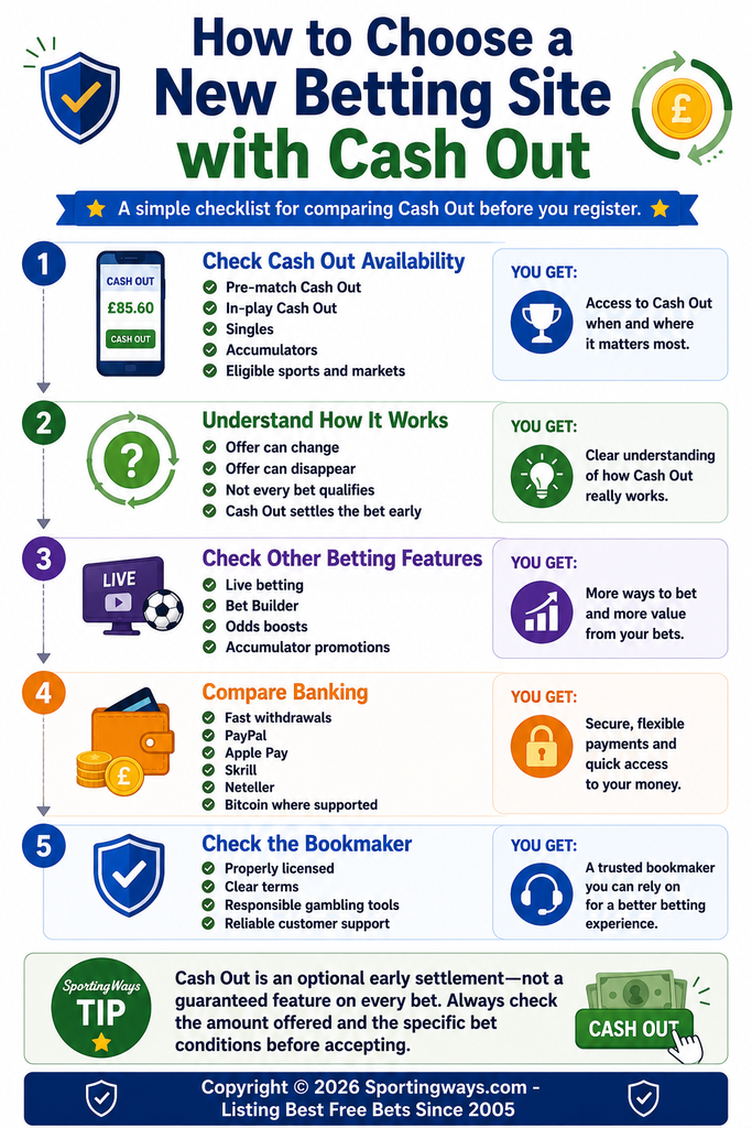 How to choose a new betting site with Cash Out by checking availability, eligible bets, live betting, payments and bookmaker features.