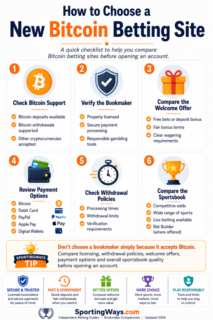 How to choose a new Bitcoin betting site by comparing licensing, cryptocurrency support, payment methods, withdrawal policies and sportsbook features.